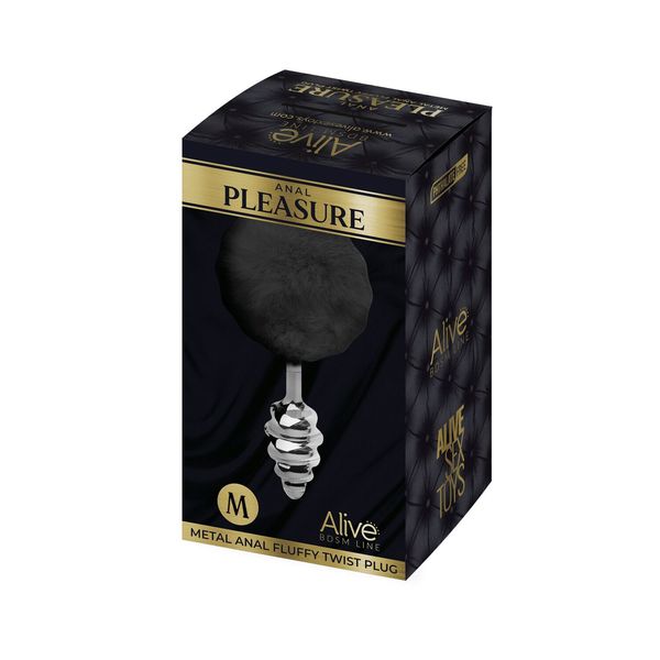 Металлическая анальная пробка Кроличий хвостик Alive Fluffy Twist Plug M Black, диаметр 3,4 см SO6309 фото