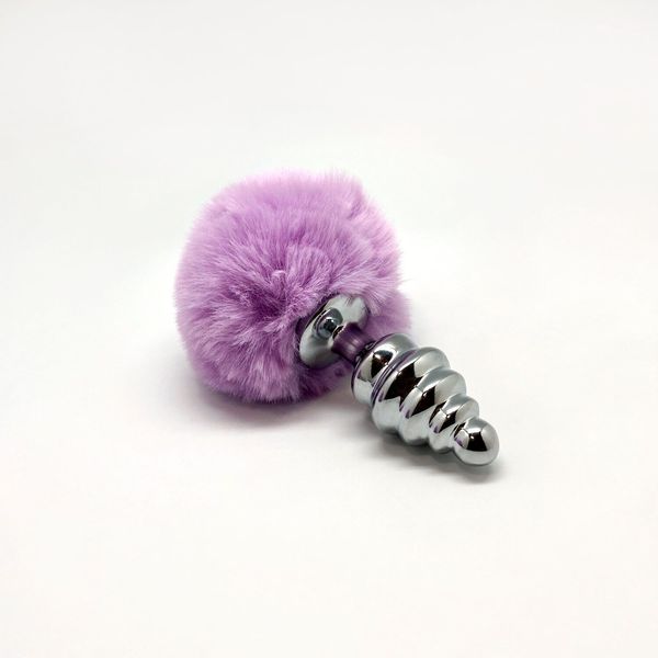 Металлическая анальная пробка Кроличий хвостик Alive Fluffy Twist Plug M Purple, диаметр 3,4 см SO6308 фото