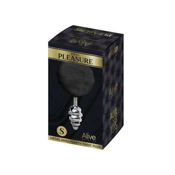 Металлическая анальная пробка Кроличий хвостик Alive Fluffy Twist Plug S Black, диаметр 2,9 см SO6307 фото