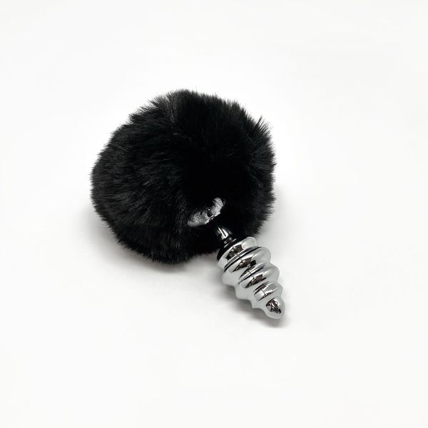 Металлическая анальная пробка Кроличий хвостик Alive Fluffy Twist Plug S Black, диаметр 2,9 см SO6307 фото