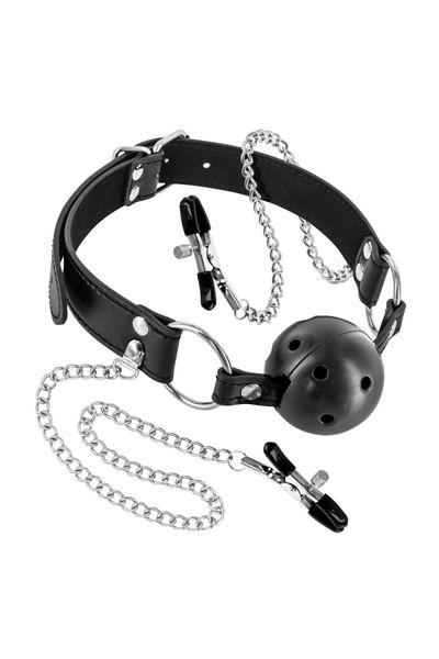 Повітропроникний кляп із затискачами для сосків Fetish Tentation Rigid Gag Ball with Nipple Clamps SO4037 фото