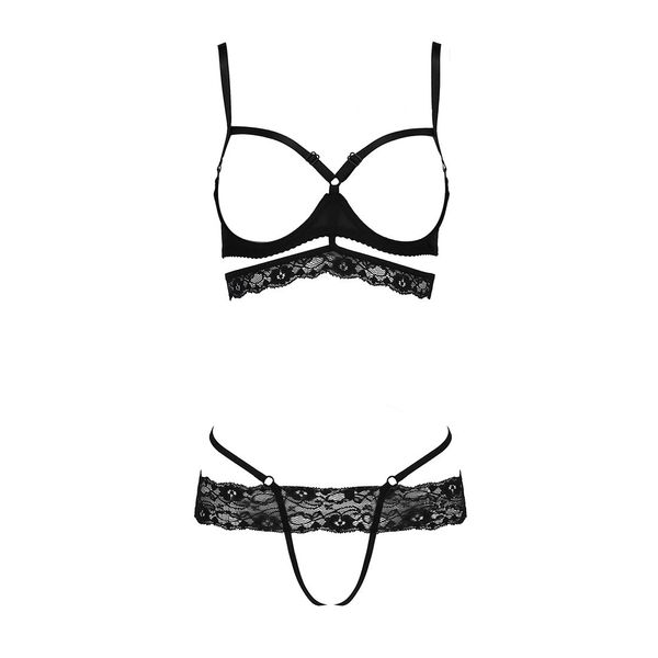 Комплект белья Passion Exclusive SARIA SET OpenBra L/XL, black, стрэпы, откртый лиф, стринги PS25001 фото