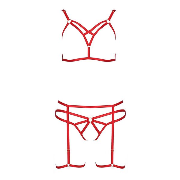 Комплект белья Passion Exclusive MAGALI SET OpenBra S/M, red, стрэпы, лиф, трусики и пояс PS23802 фото