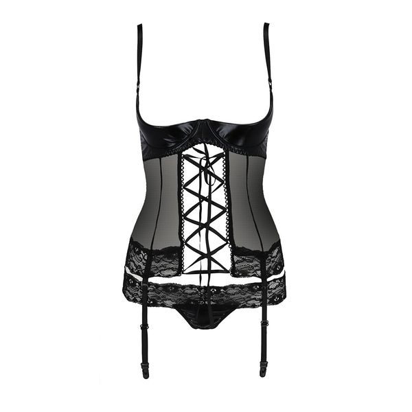 Корсет с открытой грудью Passion Exclusive NORTH CORSET S/M, black, пажи, трусики, шнуровка PS24005 фото