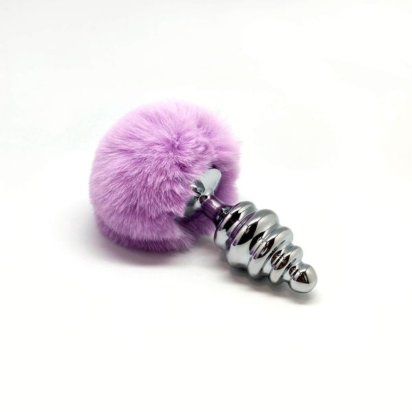 Металева анальна пробка Кролячий хвостик Alive Fluffy Twist Plug L Purple, діаметр 3,8 см SO6310 фото